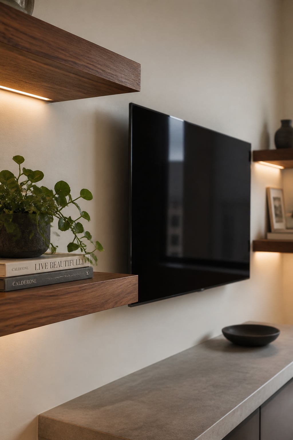 Two walnut floating shelves flanking a wall-mounted television with a small plant and books, warm white wall behind