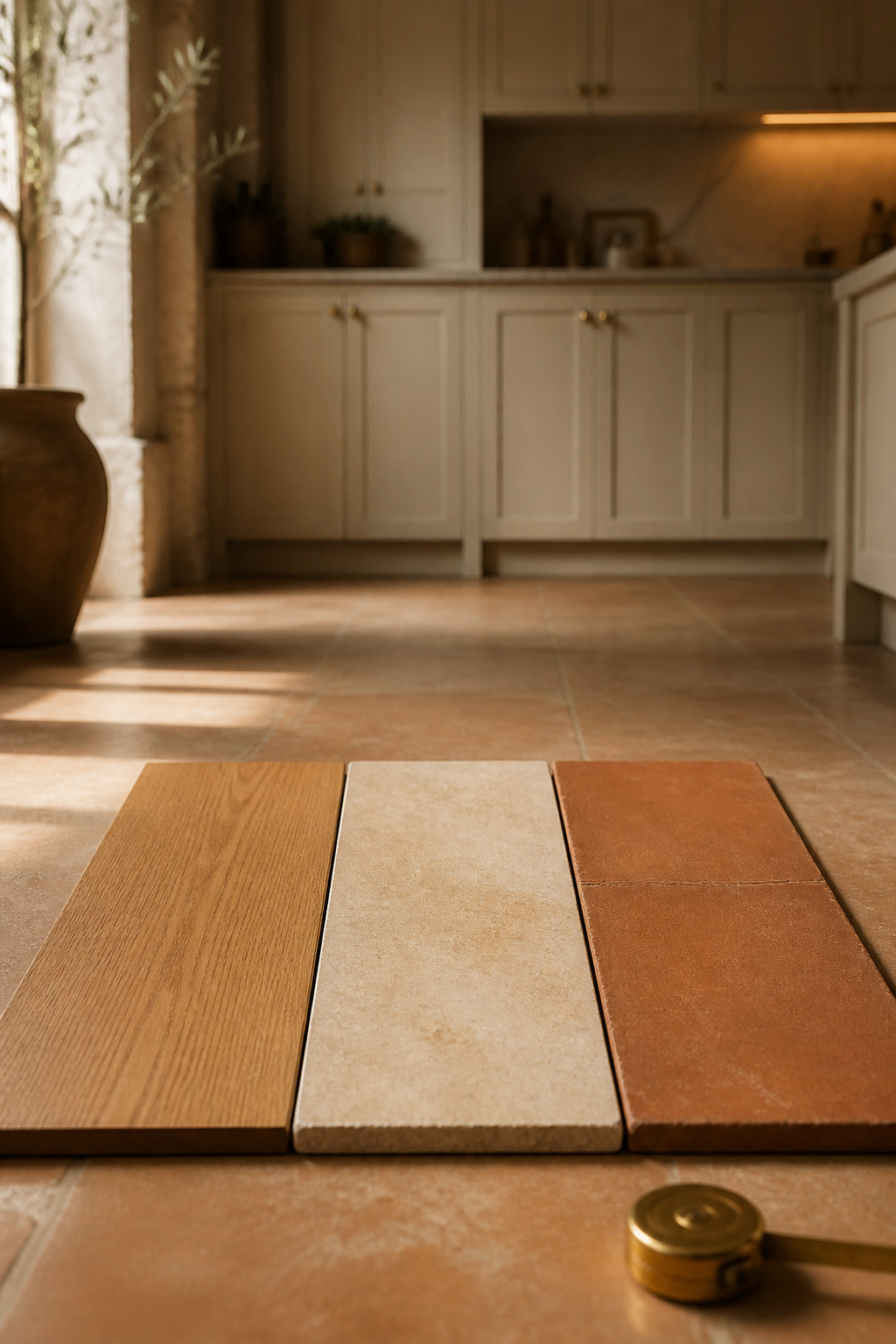 Three floor samples — honey oak, dijon limestone, and terracotta clay — laid on a warm-toned kitchen floor