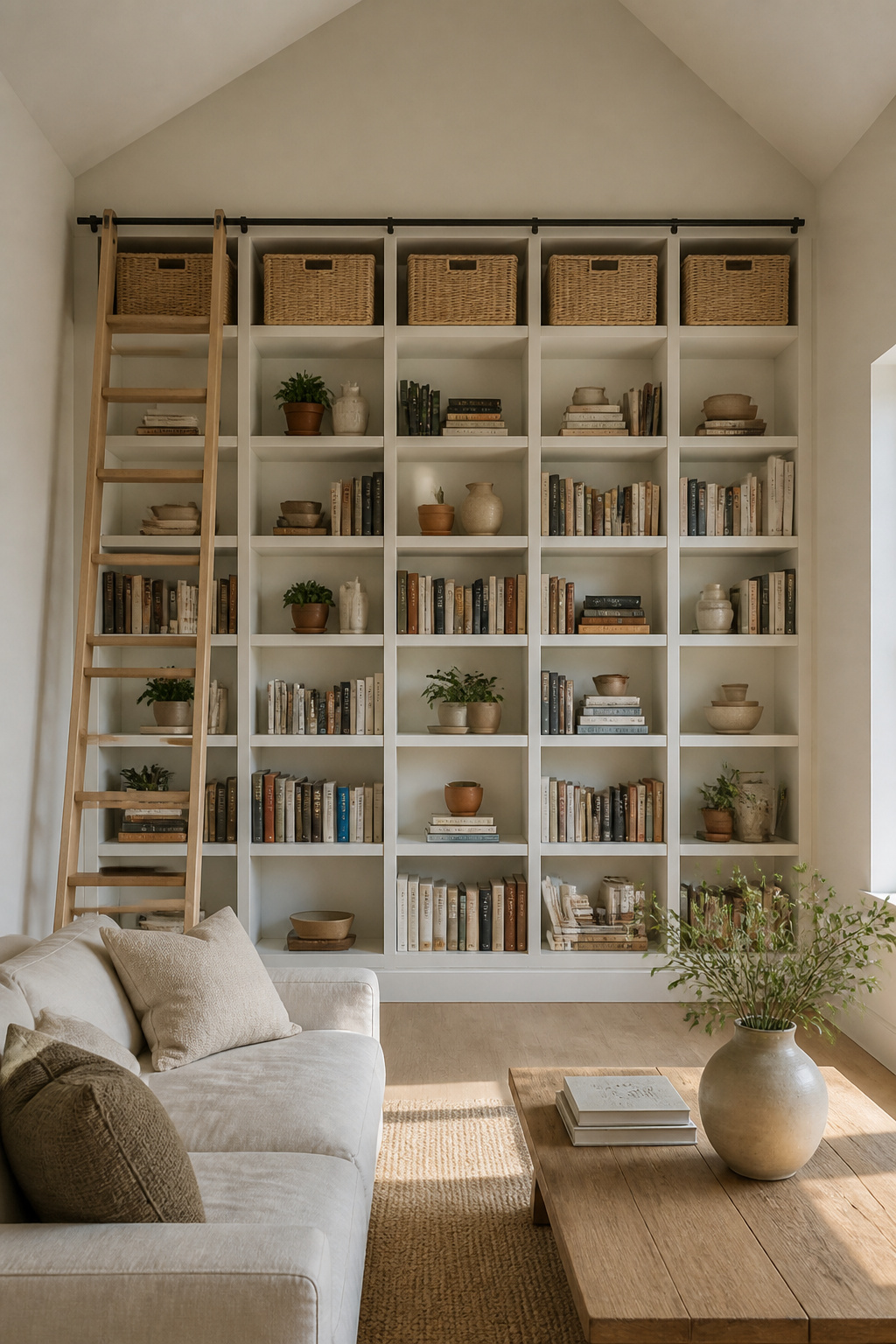 Floor-to-ceiling white built-in shelving on one accent wall of a small high-ceiling living room with pale wicker baskets on upper shelves and slim library ladder