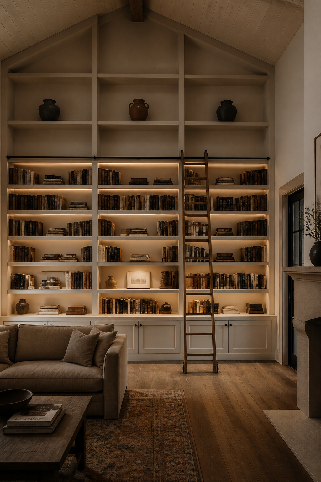 Floor-to-ceiling built-in bookcase in vaulted living room with books on lower shelves and large ceramic vessels on upper shelves with library ladder
