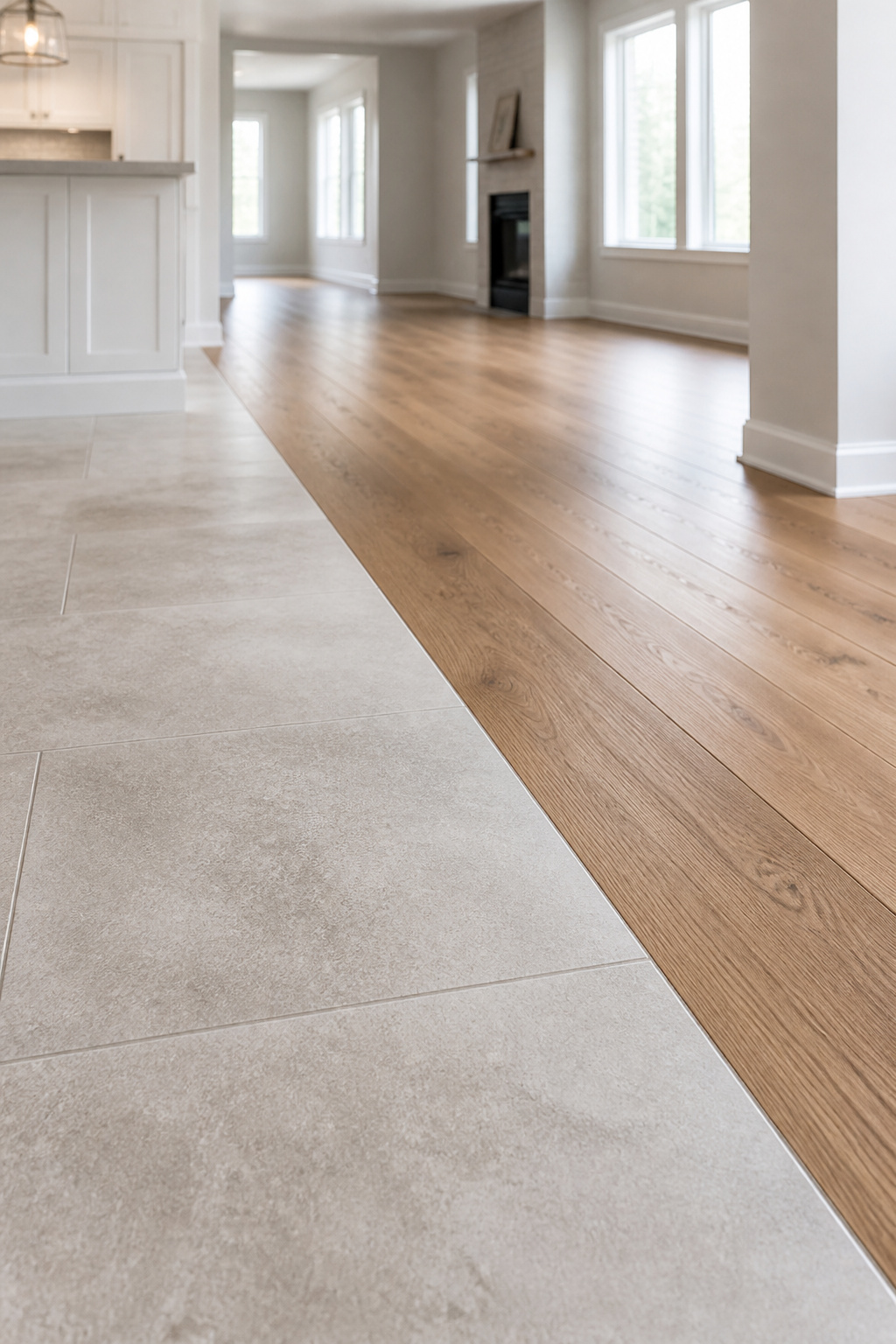 Seamless flush join between light porcelain tile and oak hardwood floor in an open-plan interior