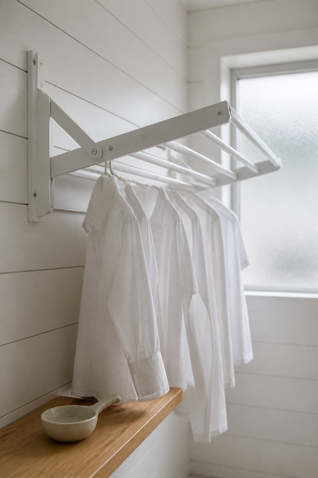 Matte-white powder-coated fold-down drying rack extended from shiplap laundry wall with white cotton shirts hanging