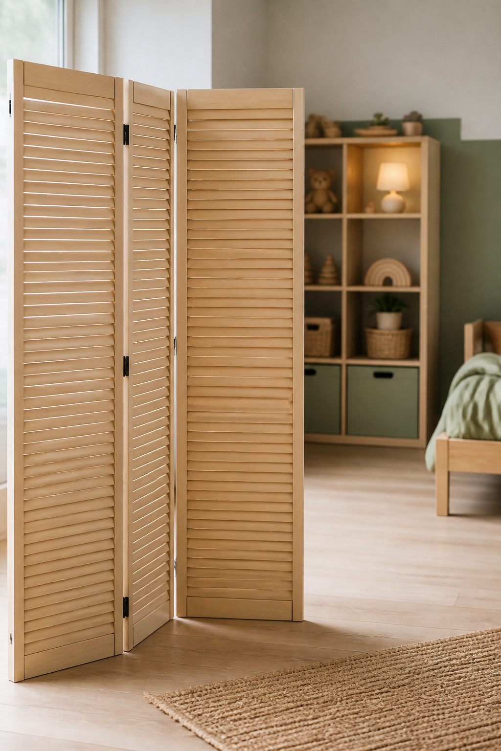 Birch-slat folding privacy screen standing in a shared bedroom with an open-back shelving divider visible behind it