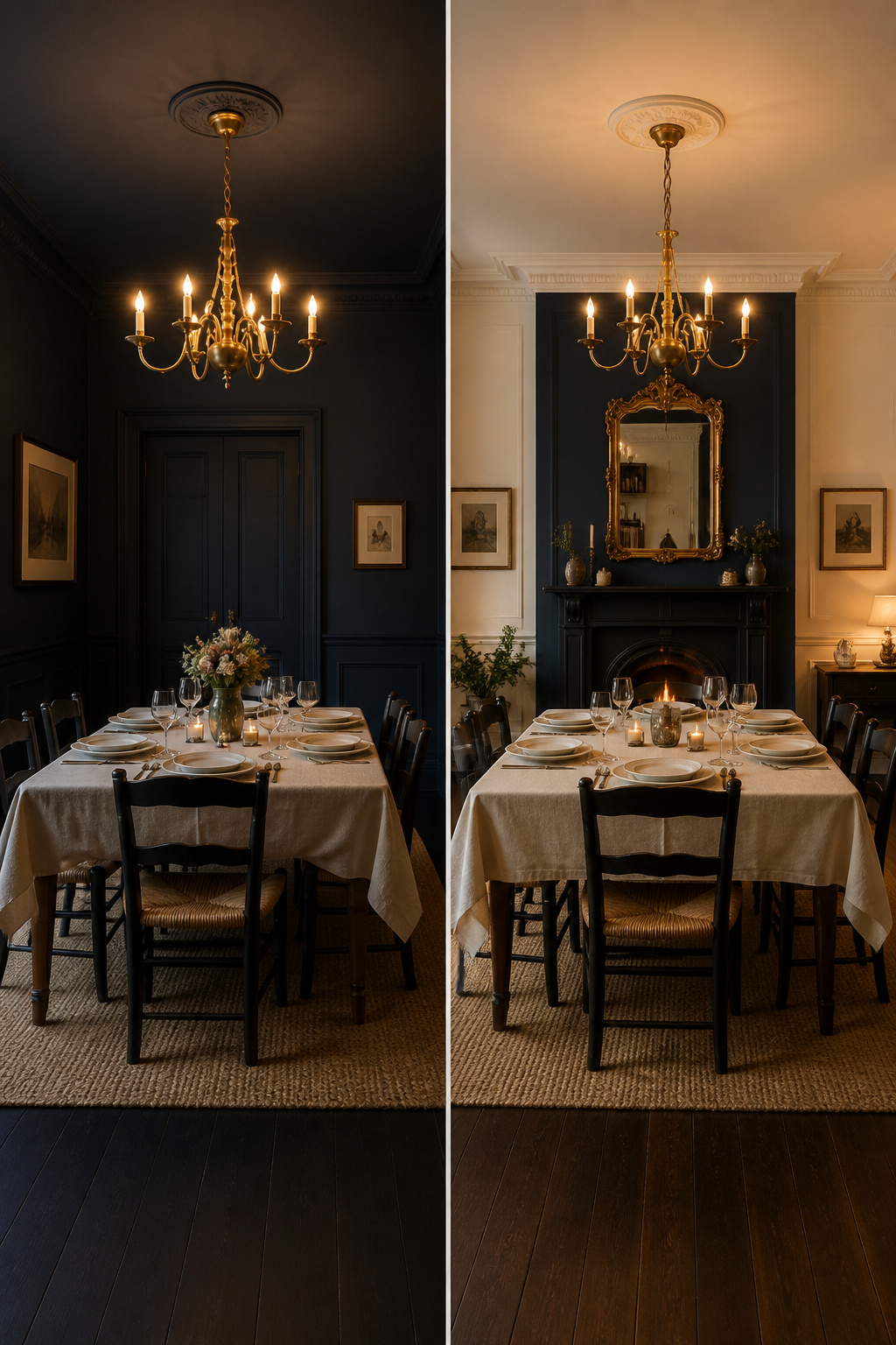 Split-panel showing four-wall dark navy dining room versus single dark accent on chimney breast in same room