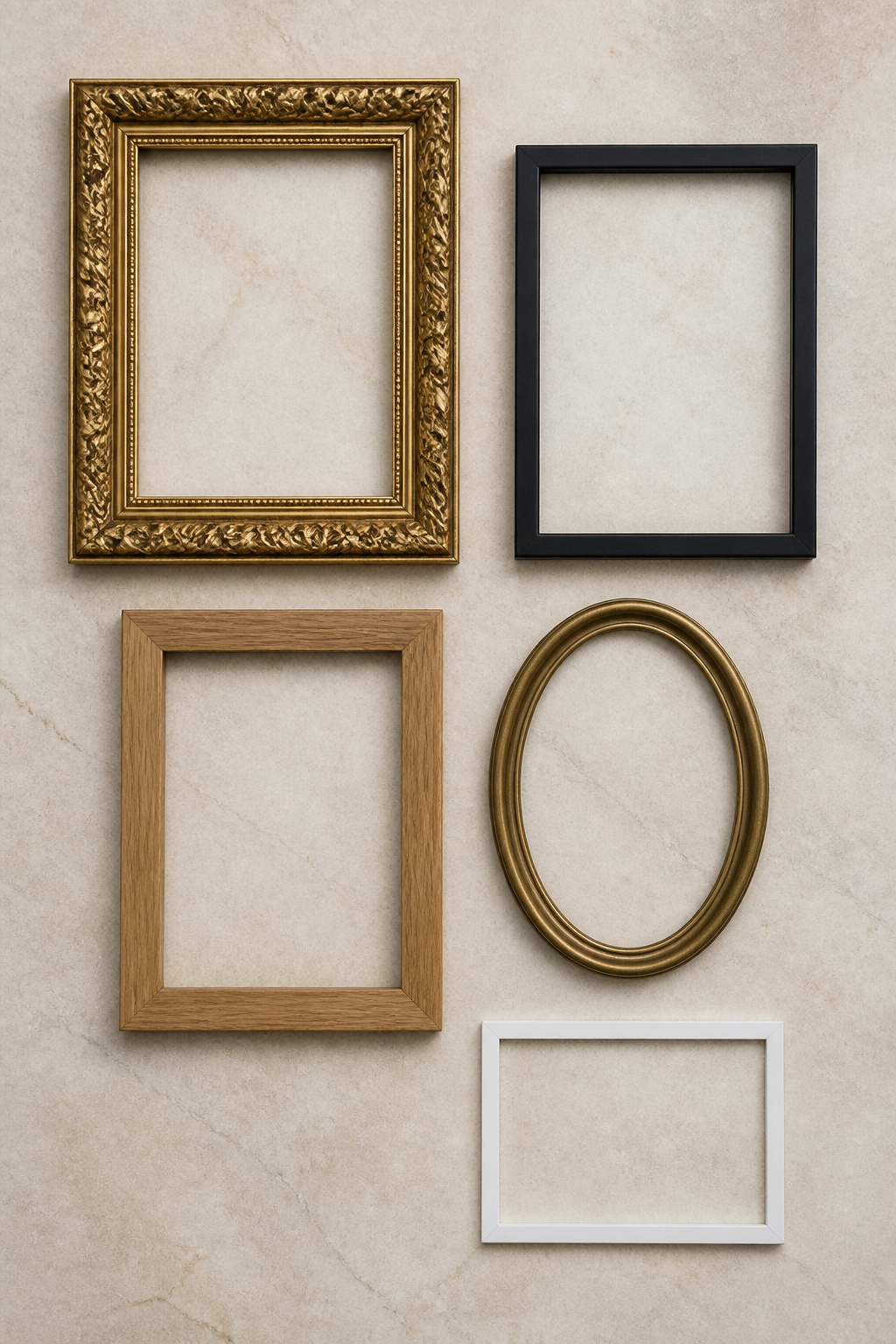 Five picture frames laid flat showing gilt, matte black, natural oak, antique brass and white finishes — the white frame separated to illustrate it sits outside the warm dominant trio