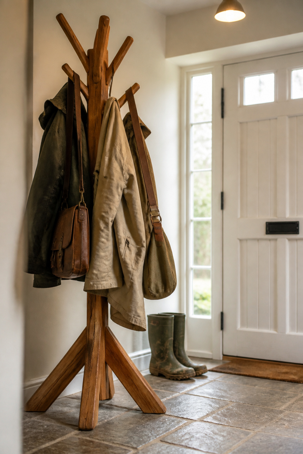 Natural wood freestanding coat rack with tripod base holding coats and bags beside a white cottage front door with stone tile floor