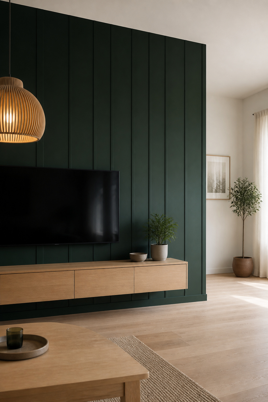 Full-height dark forest green accent wall behind a wall-mounted TV and floating console with pale ceiling above in a modern living room