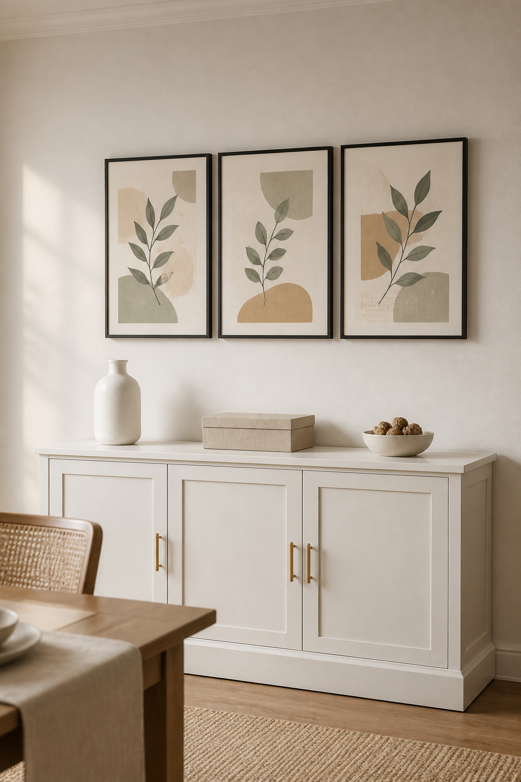 Three matching botanical prints in thin black frames arranged in a horizontal row 8 inches above a white-painted sideboard, spanning two-thirds of the furniture's width — a simple gallery format that reads as one unit