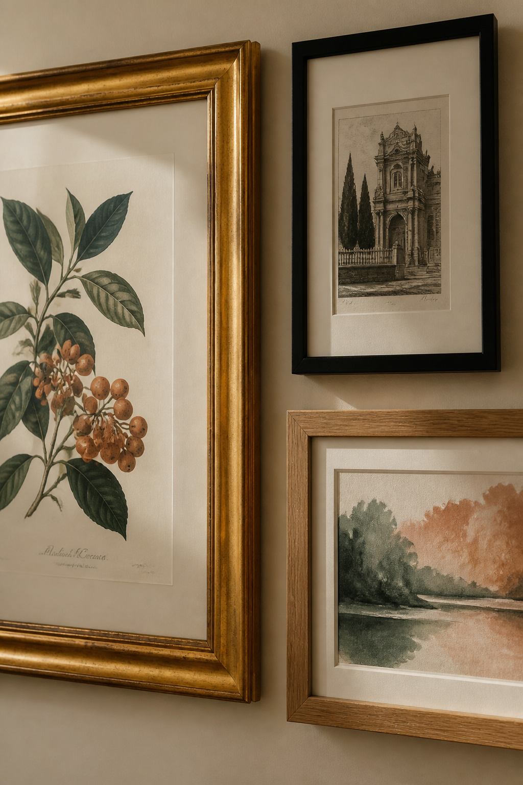 Gallery wall close-up showing how a shared terracotta and green colour thread connects botanical illustration, architectural engraving and watercolour in mismatched gilt, black and oak frames