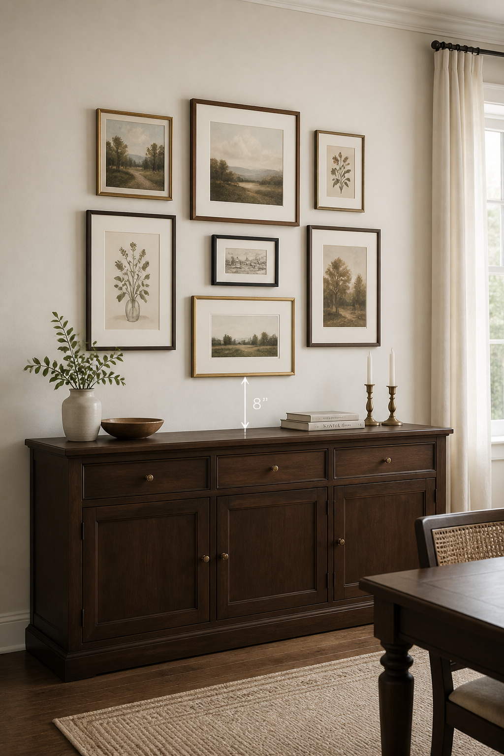 Side-view render of dining room gallery wall arrangement above a dark walnut buffet showing the 8-inch clearance gap between the buffet surface and the bottom frame of the arrangement