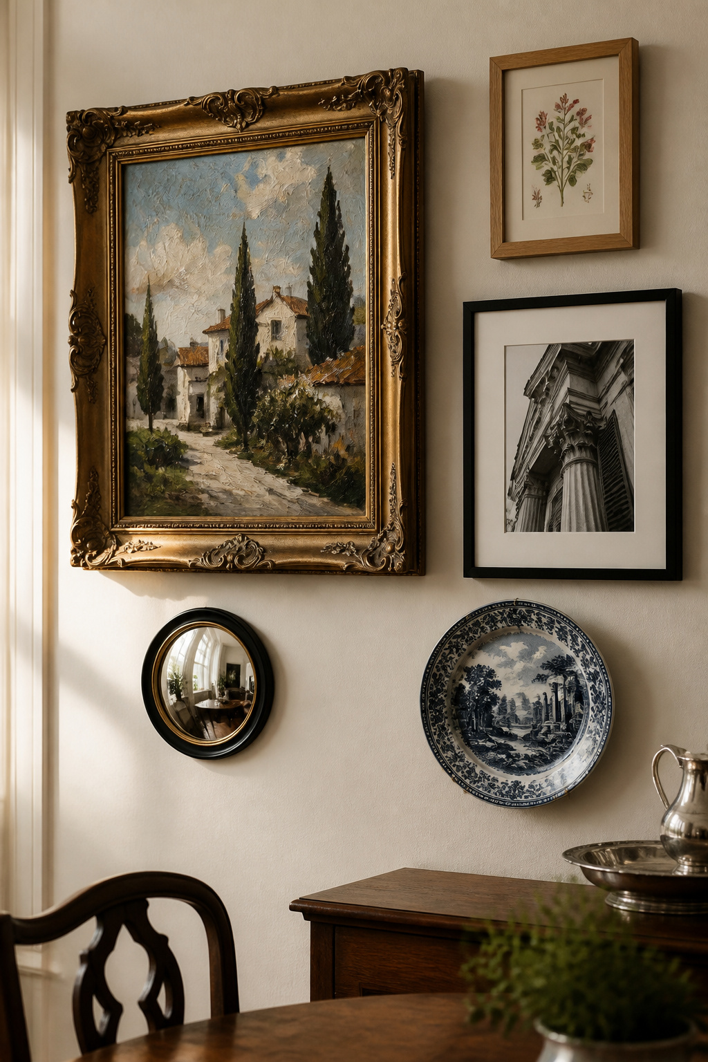 Gallery wall section combining an oil painting, black-and-white photograph, decorative plate, botanical watercolour and convex mirror in mixed frame styles on a cream dining room wall