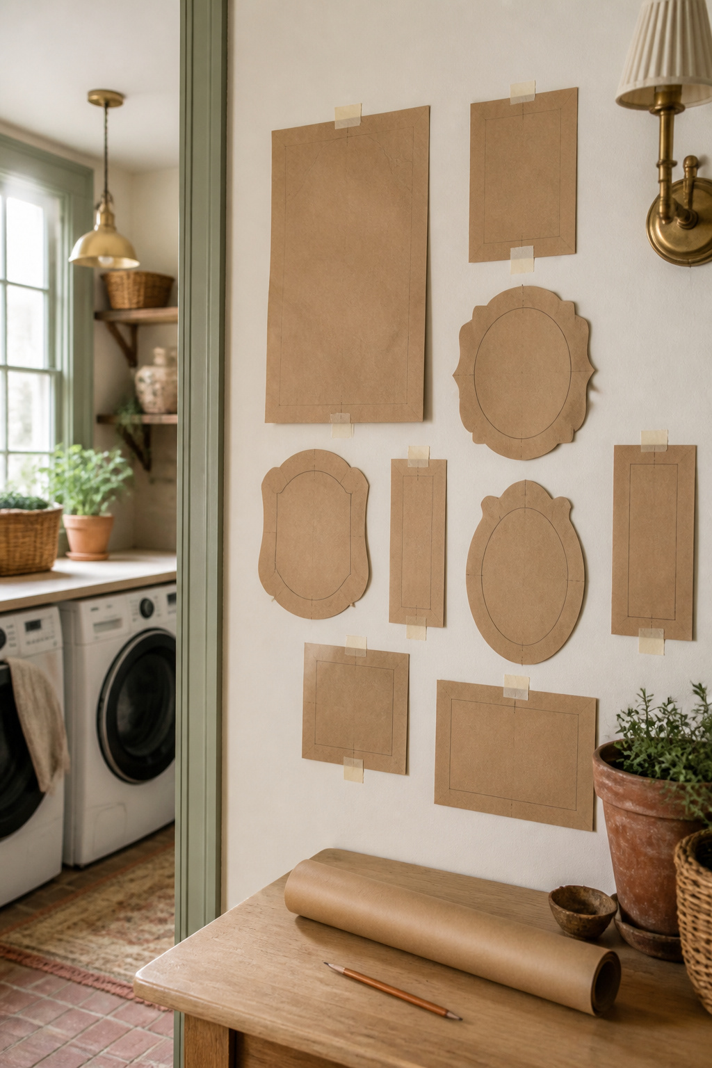Kraft paper frame templates taped to a laundry room wall in a salon-style gallery wall layout before hanging