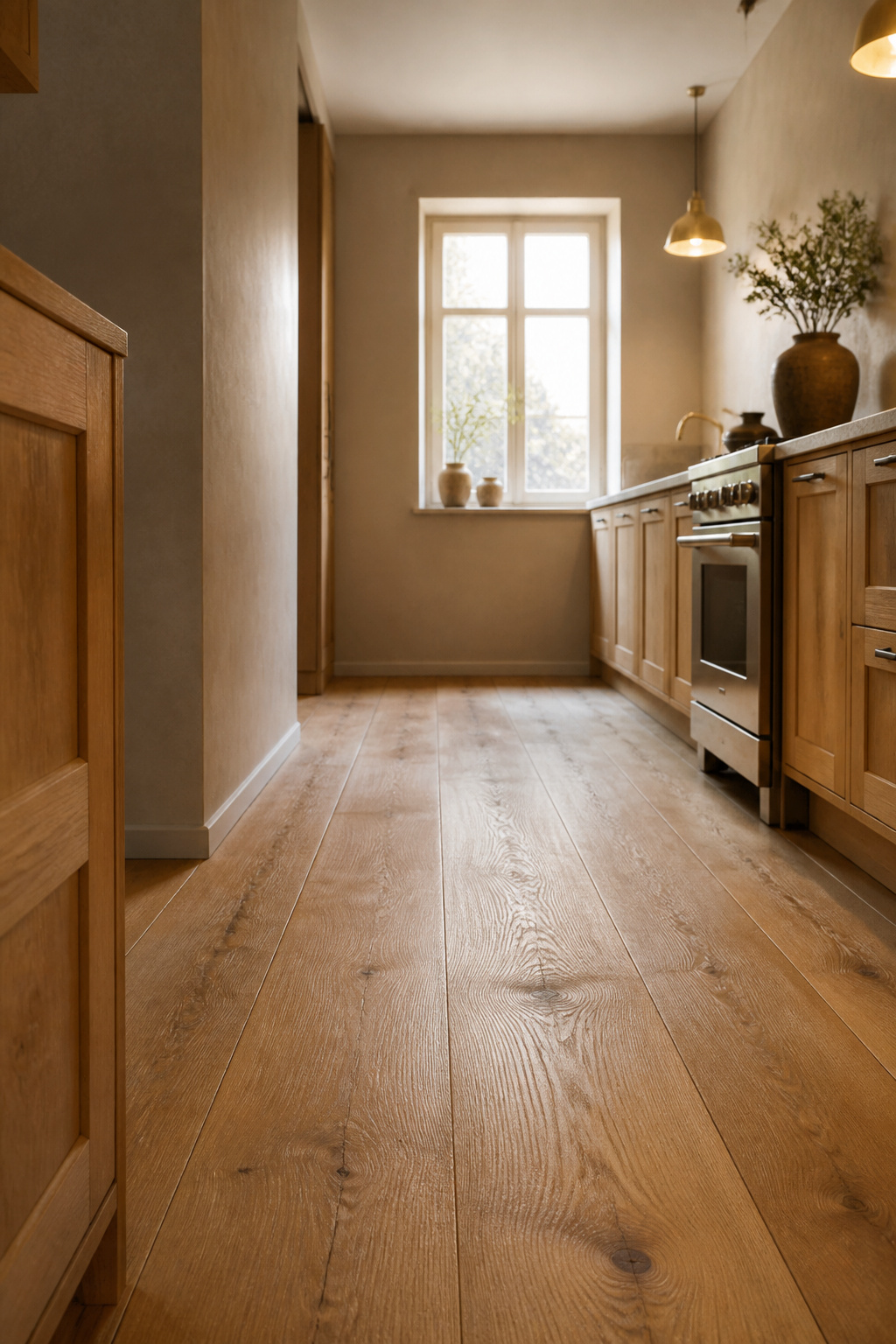 Wide honey oak floor planks running the length of a narrow galley kitchen