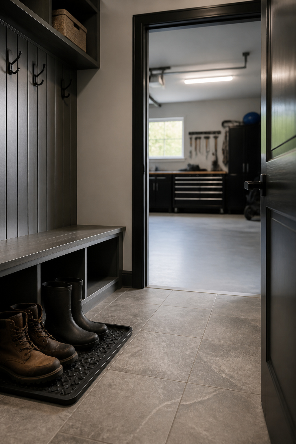Garage entryway drop zone with a bench, coat hooks and boot tray on durable porcelain tile flooring
