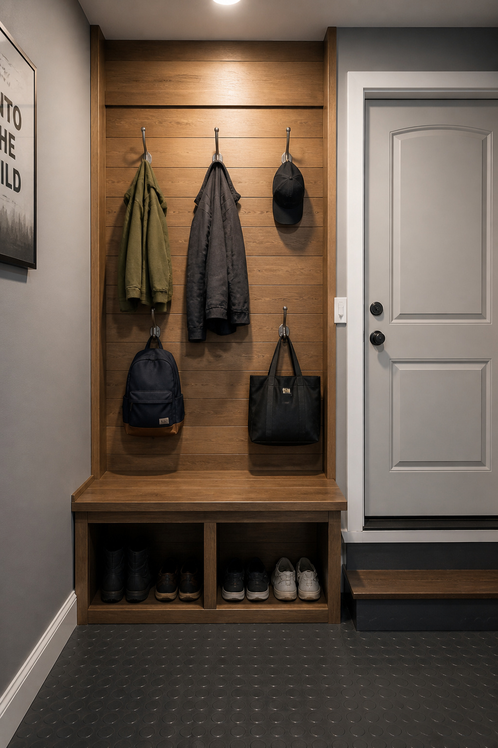 Finished garage entryway drop zone with bench, layered coat hooks, and boot storage in a tight footprint