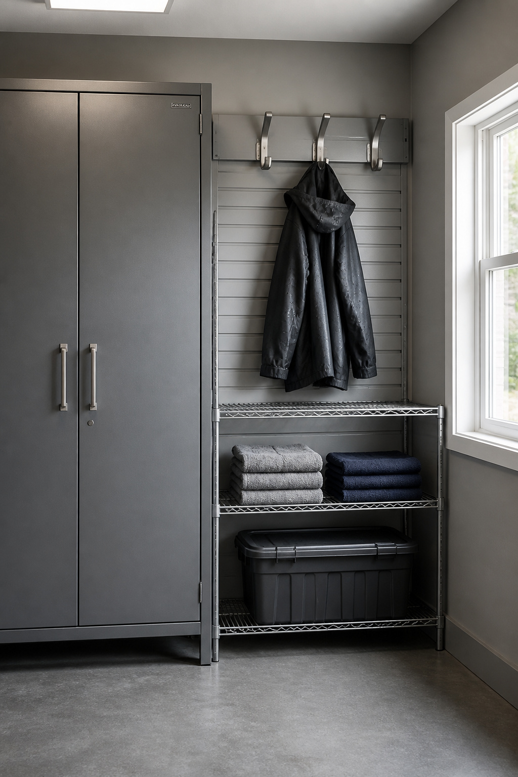 Hybrid open shelving and closed cabinet storage system for wet and muddy garage entry gear