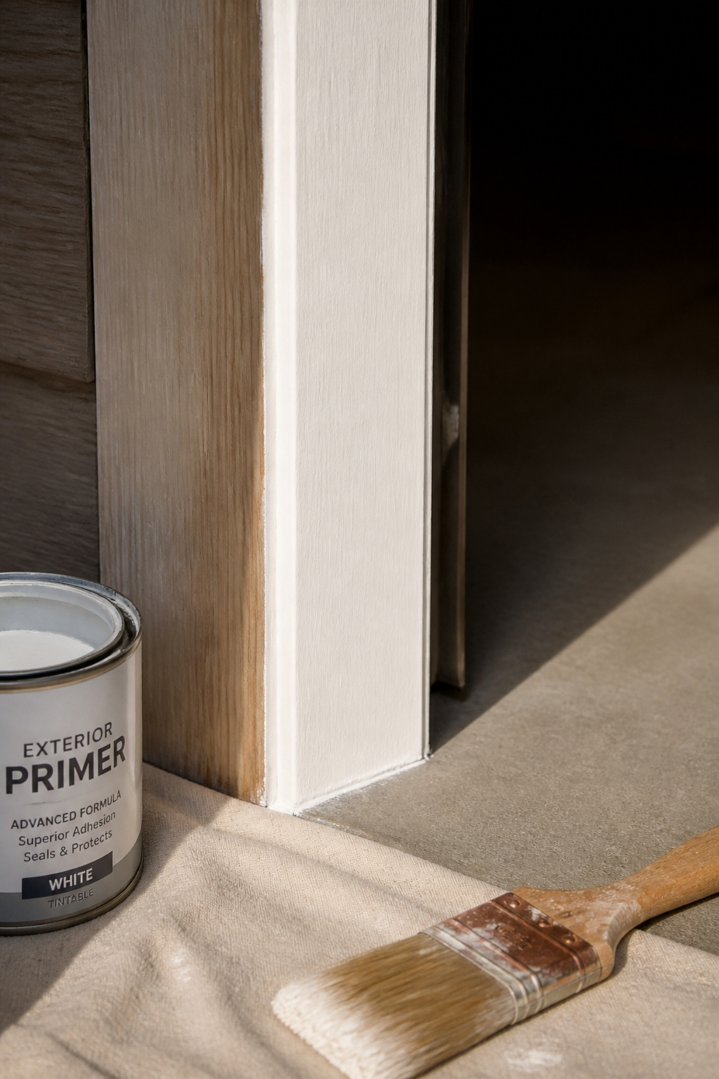 Freshly sealed and primed garage entry door trim demonstrating proper weatherproofing before painting