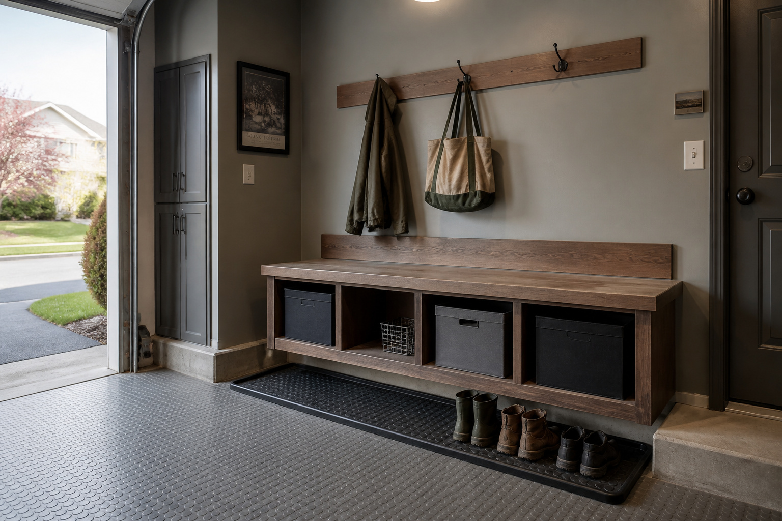 Garage entryway drop zone with wall-mounted bench, boot tray, and coat hooks over coin-pattern vinyl flooring