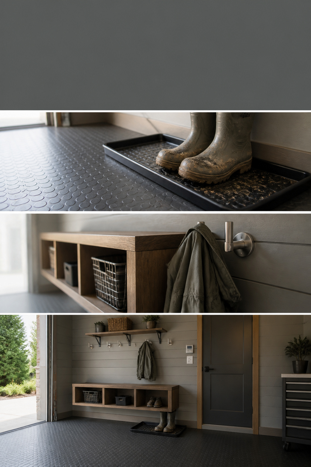 Pinterest collage of garage entryway drop zone ideas with boot tray, bench cubbies, and coat hooks