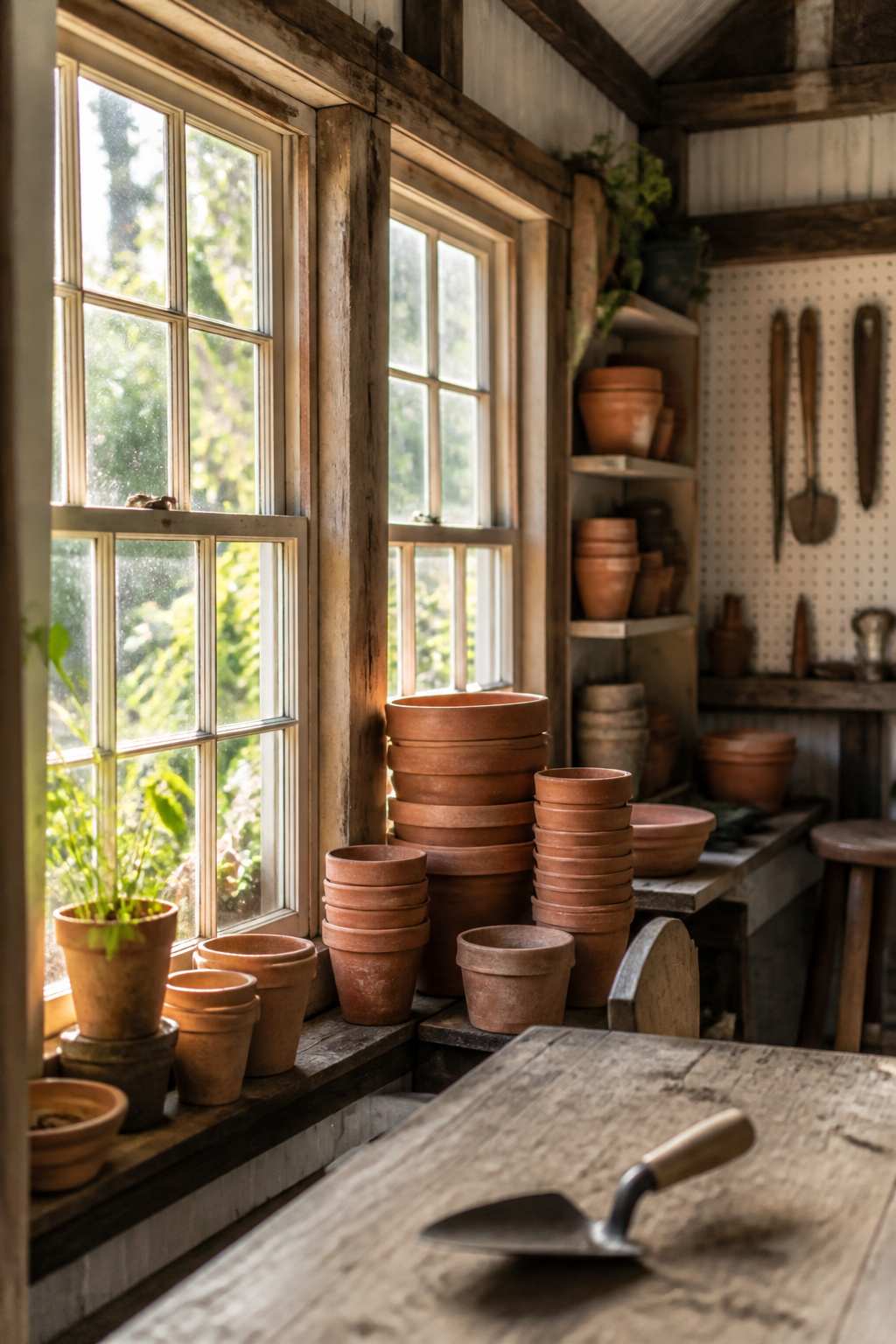 Inside a timber potting shed with salvaged sash windows casting morning light across terracotta pots stacked on open shelves and a worn potting bench