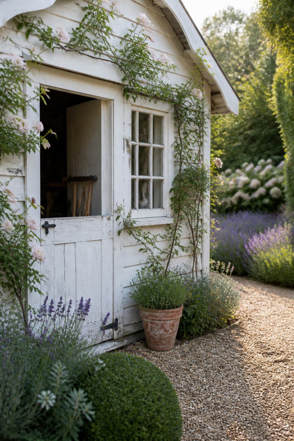 White timber garden she shed with a climbing rose over the door, Dutch door open, and a pea gravel path through a cottage garden border