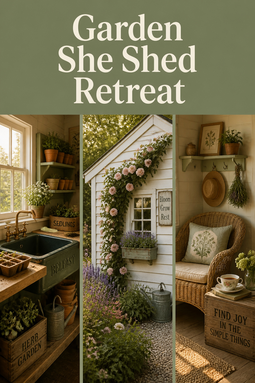 Three-panel Pinterest collage of a garden she shed retreat showing a cast-iron potting bench, white shed exterior with climbing rose, and a cosy corner seat inside