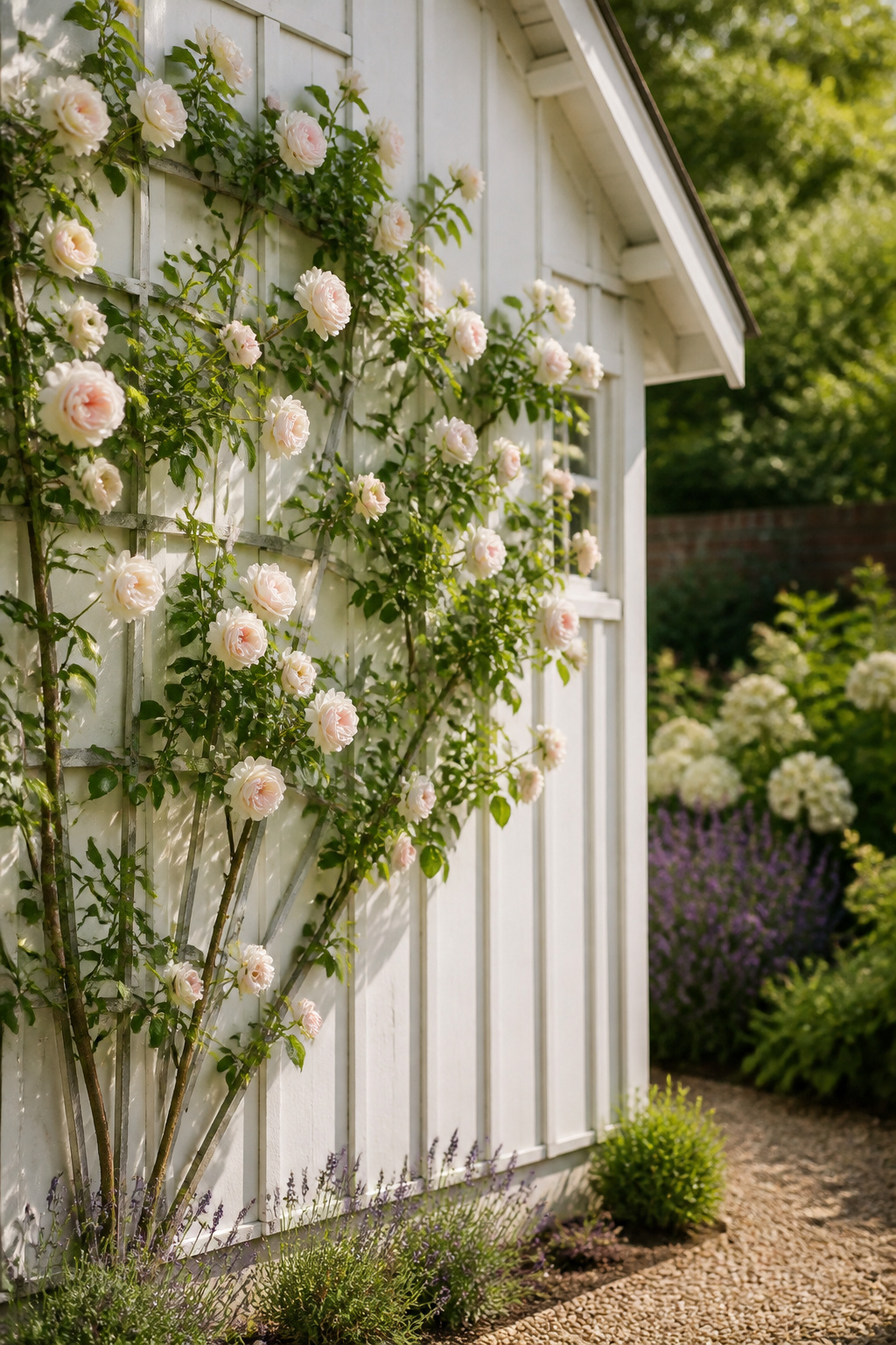 The facade of a white board-and-batten garden shed with a cream-pink climbing rose trained on a fan trellis, a pea gravel path leading to the door and a lavender window box