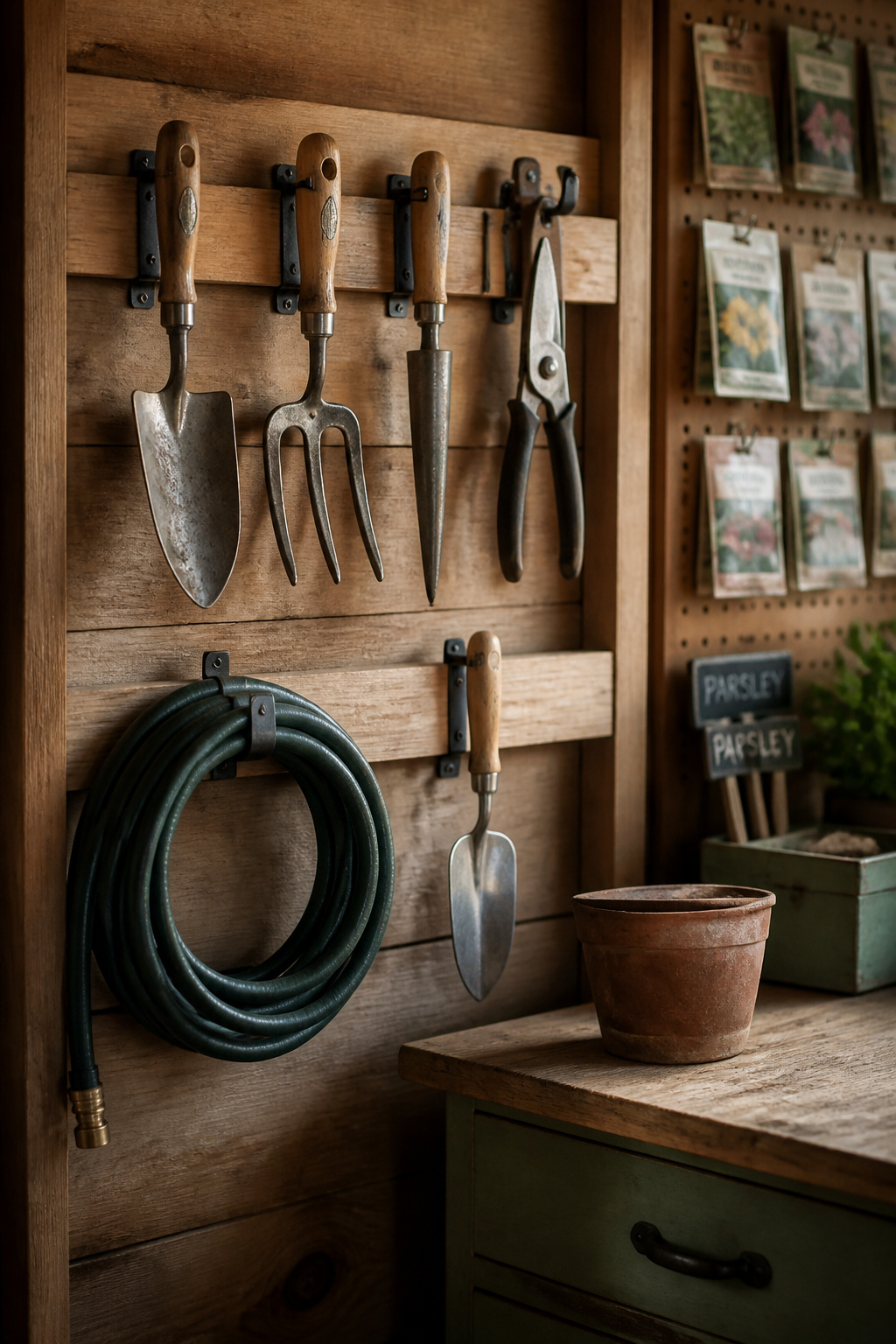 A French cleat wall storage system in a garden shed holding trowels, a hand fork, shears and a coiled hose in a neat visible arrangement