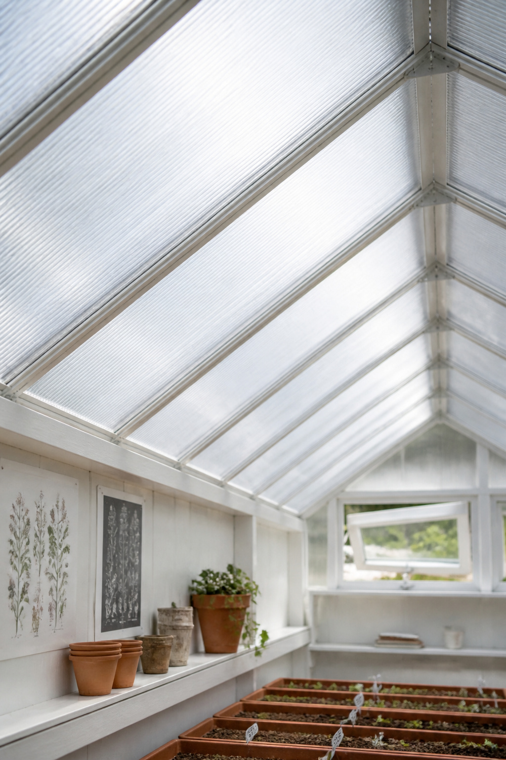 The interior ceiling of a garden shed fitted with twinwall polycarbonate glazing panels casting even diffused daylight onto seed trays below