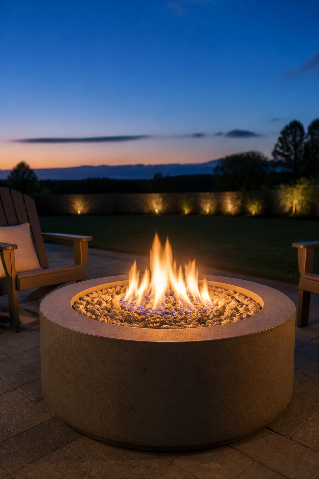 A round gas fire pit burning a clean blue-orange flame with lava rock media on an open backyard patio under an evening sky