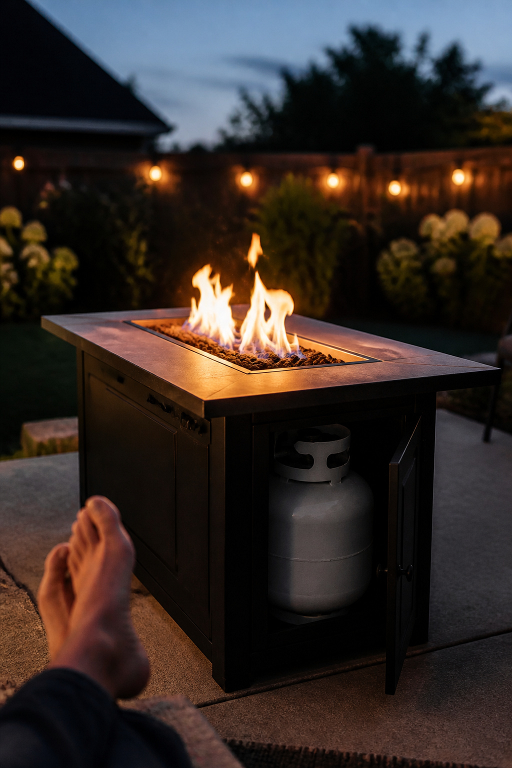 A propane gas fire pit table glowing on a backyard patio at dusk with a 20-lb propane tank stored inside