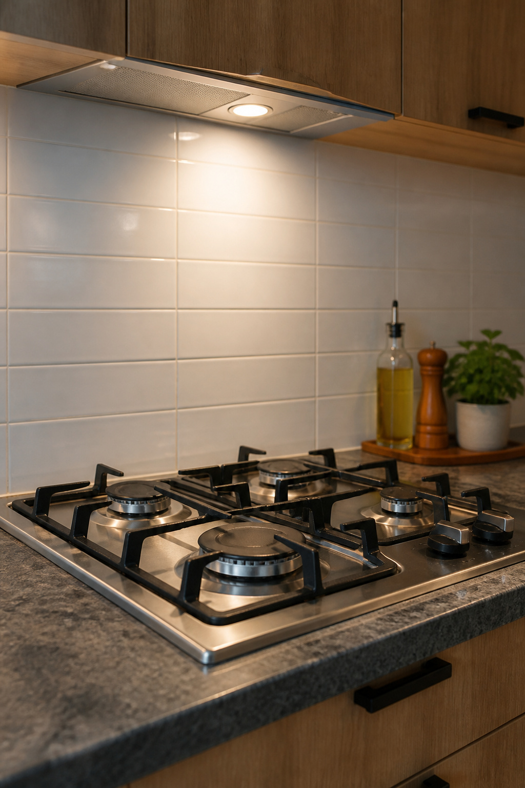Gas cooktop with ceramic tile installed in the high-heat zone directly behind burners, showing correct backsplash material choice near flame