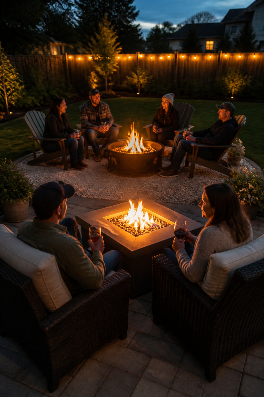 Side-by-side backyard scenes: a gas fire pit table with wicker seating in the foreground, and a classic wood-burning pit with Adirondack chairs in the background