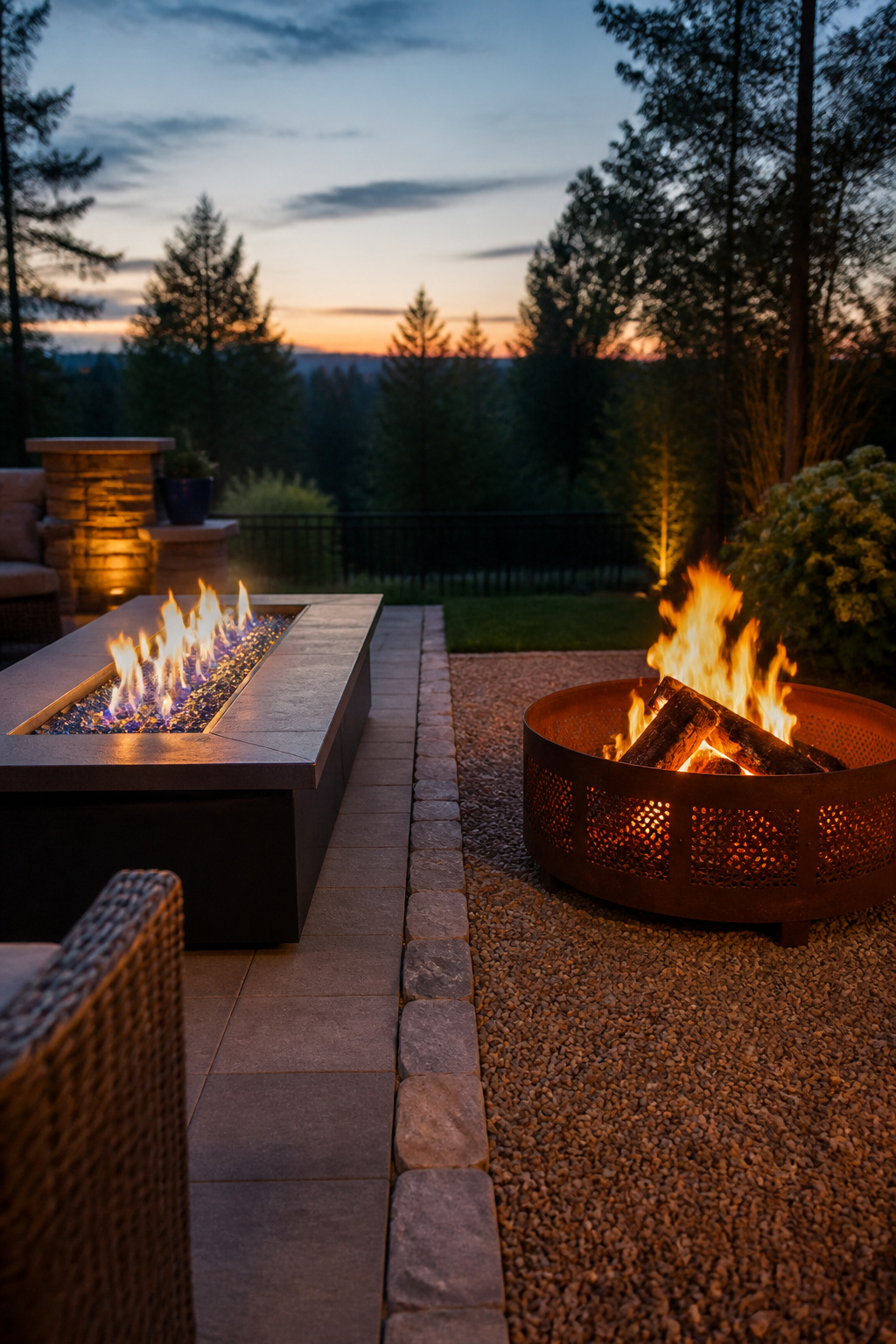 Side-by-side comparison of a gas fire pit table and a wood-burning fire pit glowing at dusk in a backyard