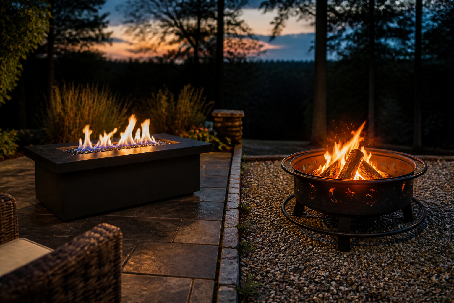 Side-by-side comparison of a gas fire pit table and a wood-burning fire pit glowing at dusk in a backyard