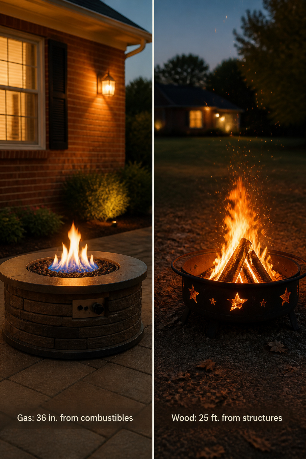Side-by-side comparison: propane gas fire pit close to house wall at 3 feet versus wood-burning fire pit requiring 25 feet clearance