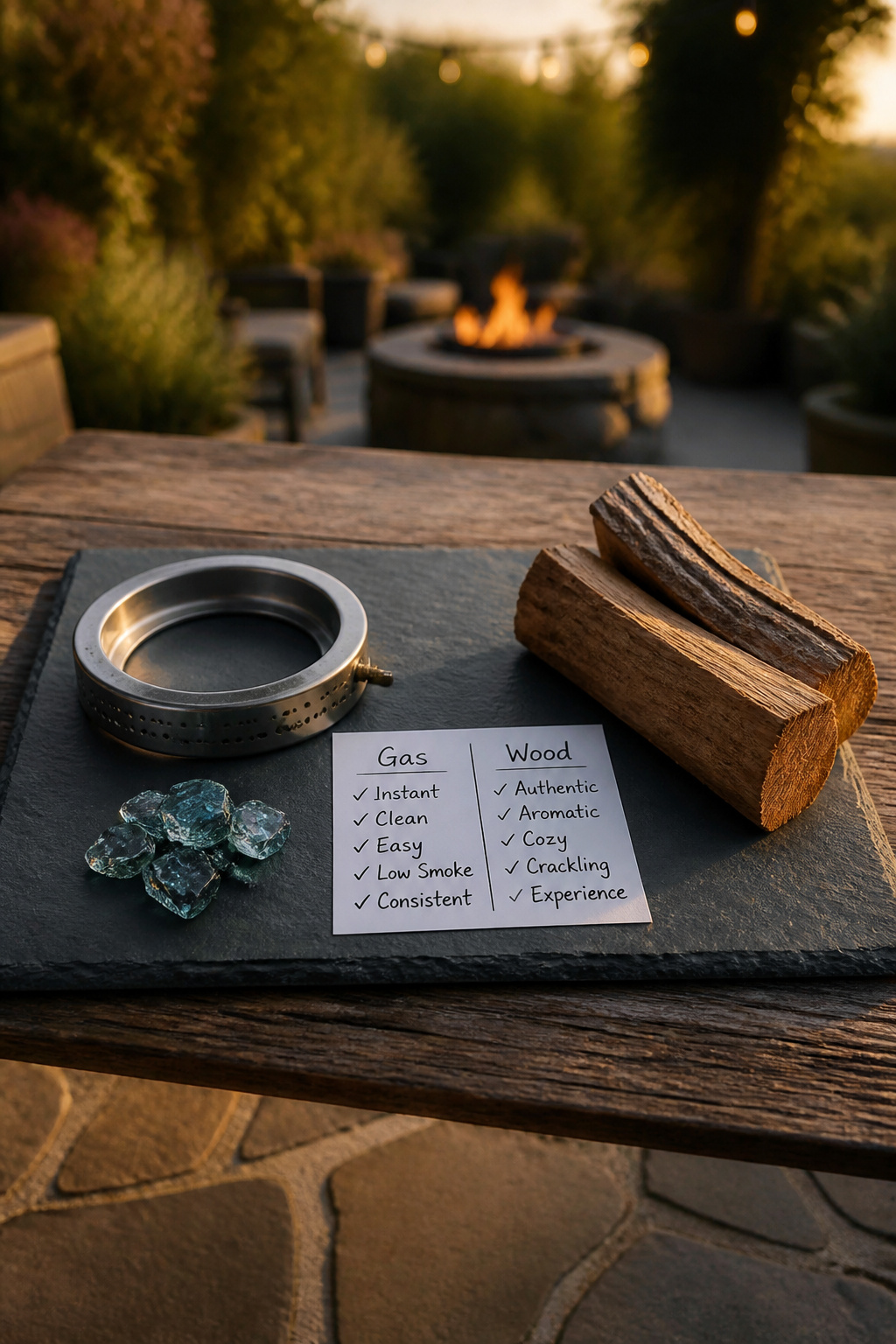 Comparison of gas burner components and seasoned oak logs on an outdoor table representing the gas vs wood fire pit decision