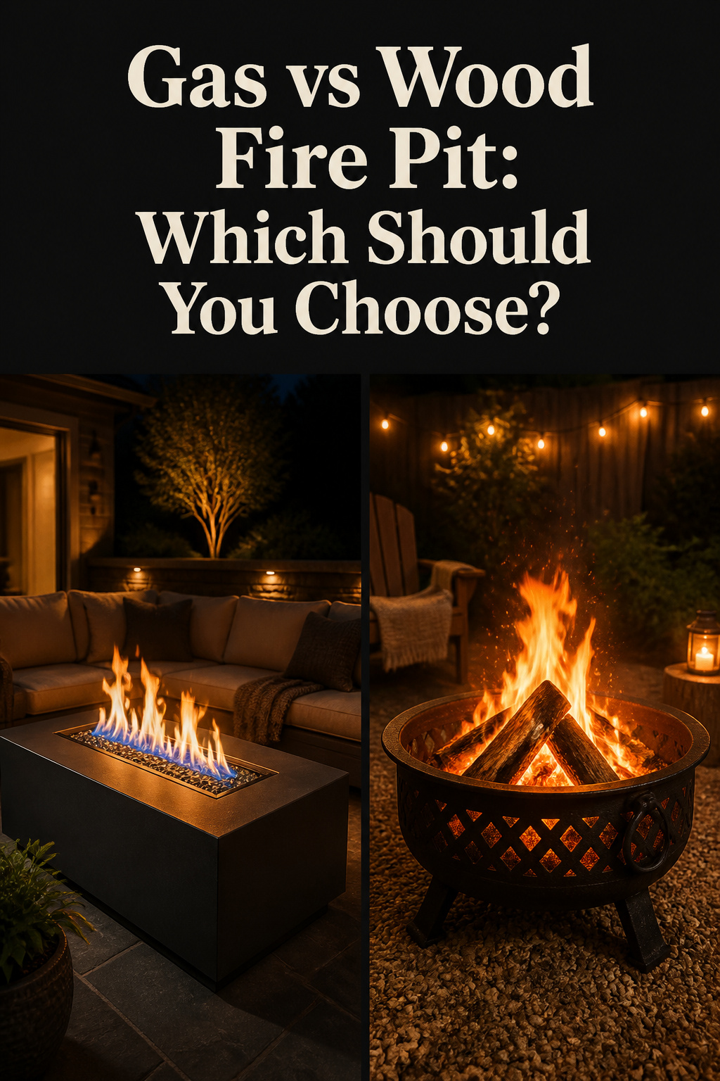 Two-panel Pinterest comparison: gas fire pit table on the left, wood-burning fire pit on the right, both glowing at night