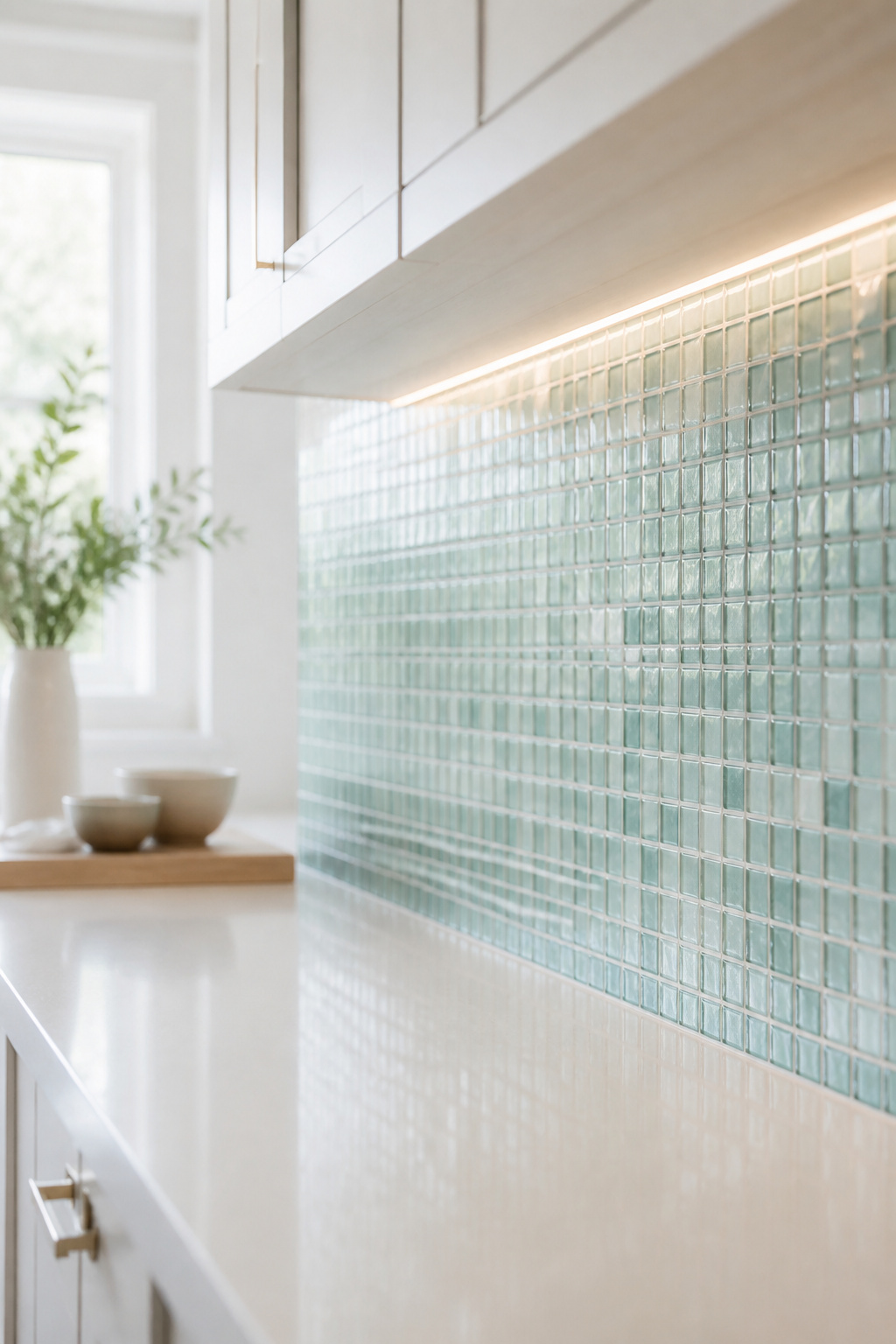 Pale aqua-green glass mosaic tile backsplash in a bright compact kitchen