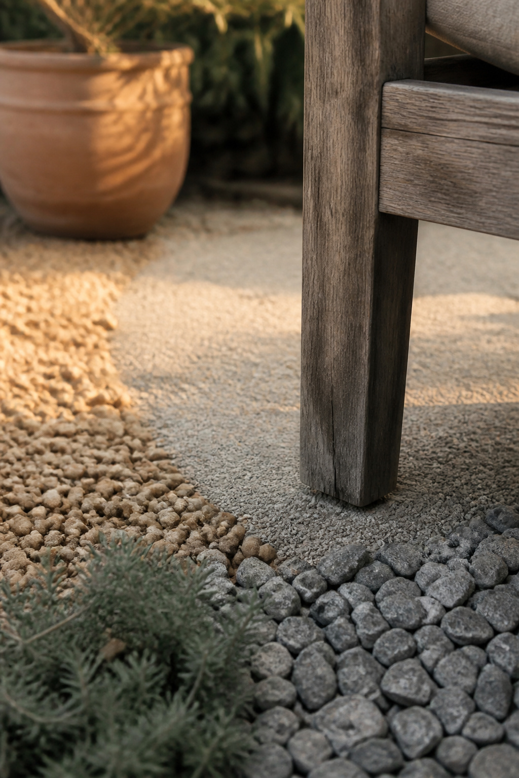 Buff pea gravel, silvery decomposed granite and angular crushed stone meeting at the base of a weathered timber chair leg beside sage planting