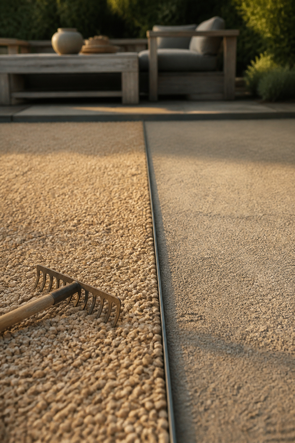 Split view of raked buff pea gravel beside a compacted decomposed granite finish along a steel divider