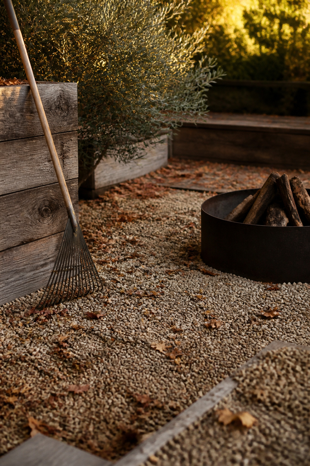 Established gravel fire pit corner in autumn light with fallen leaves across buff pea gravel and a raking tool nearby