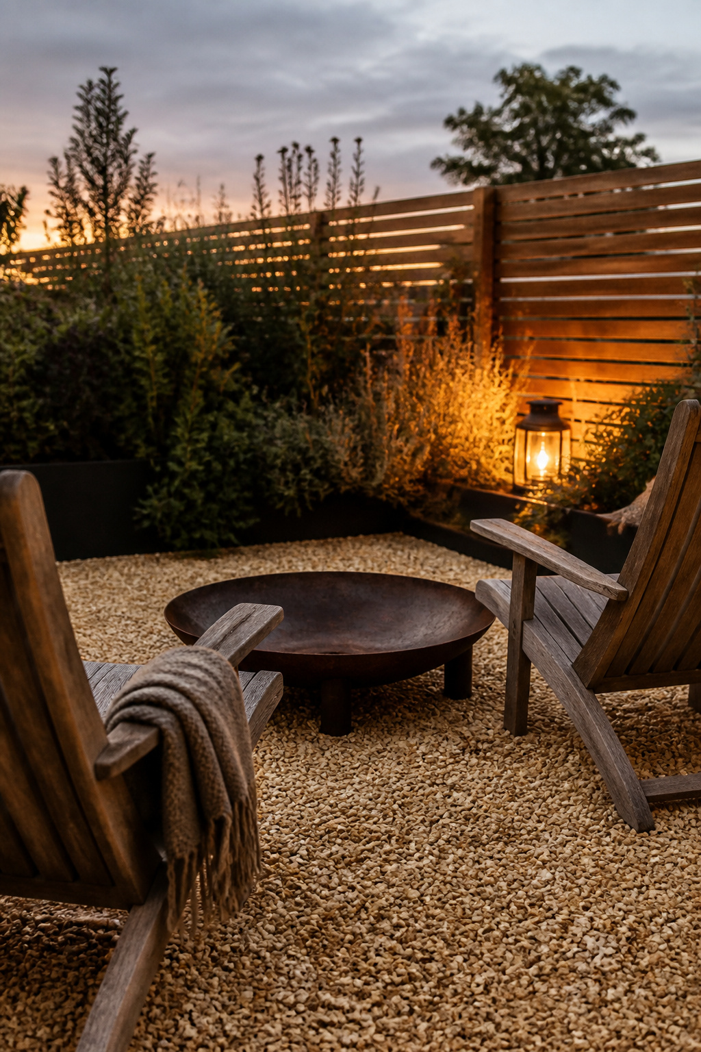Two empty weathered teak chairs angled toward a low steel fire bowl on a buff pea gravel patio at dusk