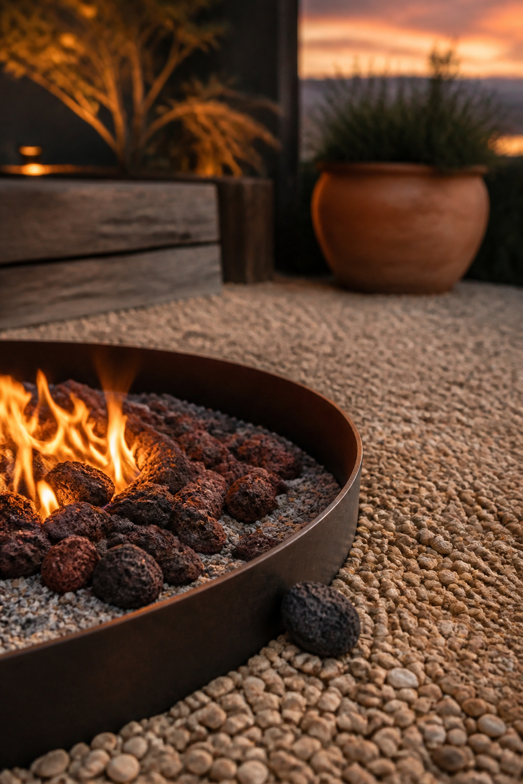 Lava rock and fire-rated sand inside a steel fire pit basin with buff pea gravel beginning several inches beyond the rim