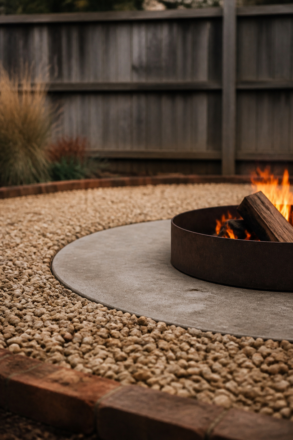 Circular concrete pad set flush under a steel fire ring with buff pea gravel held back by brick edging at a safe clearance