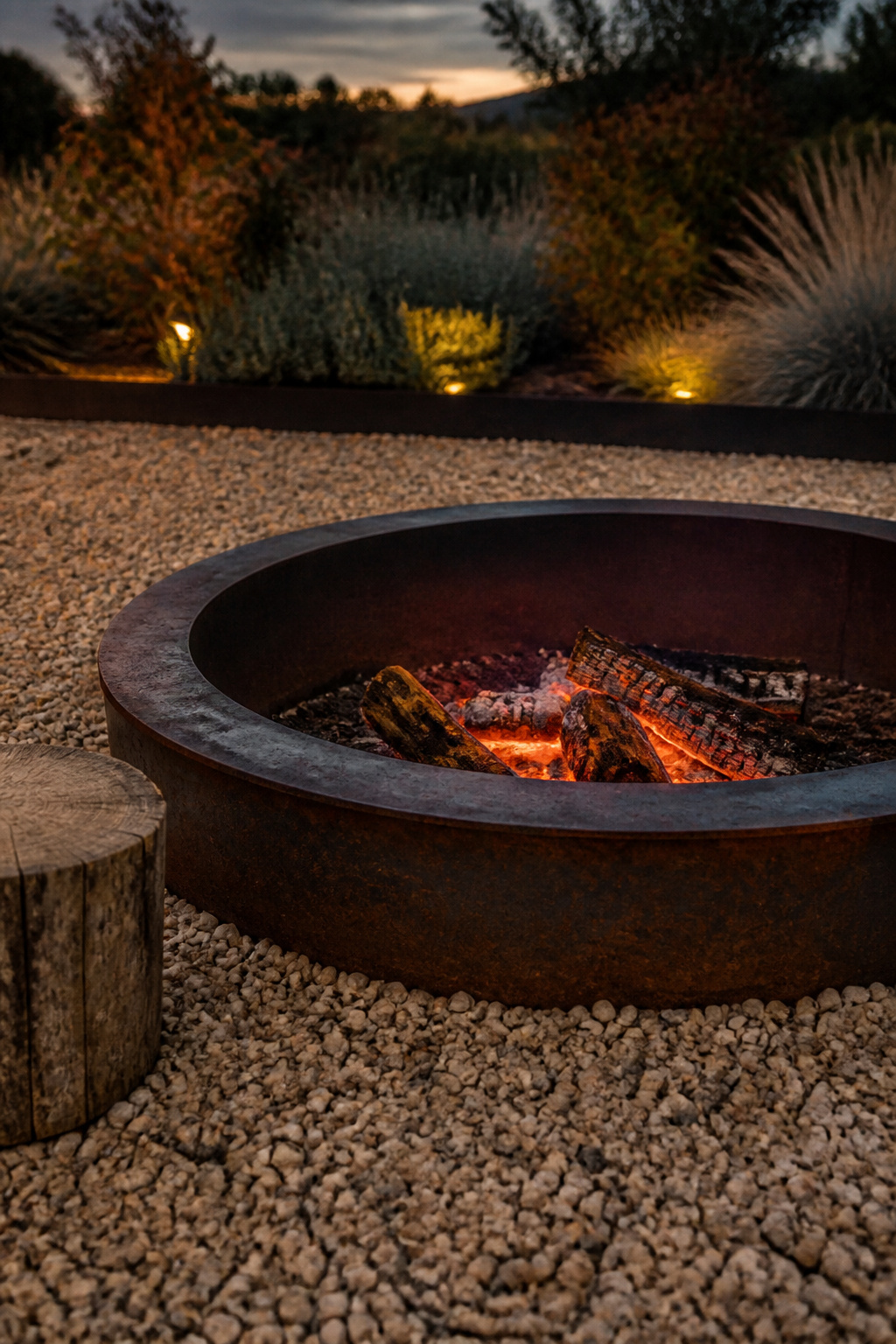 Circular steel fire pit glowing with low embers, set into a buff pea gravel patio corner at dusk with no seating occupied
