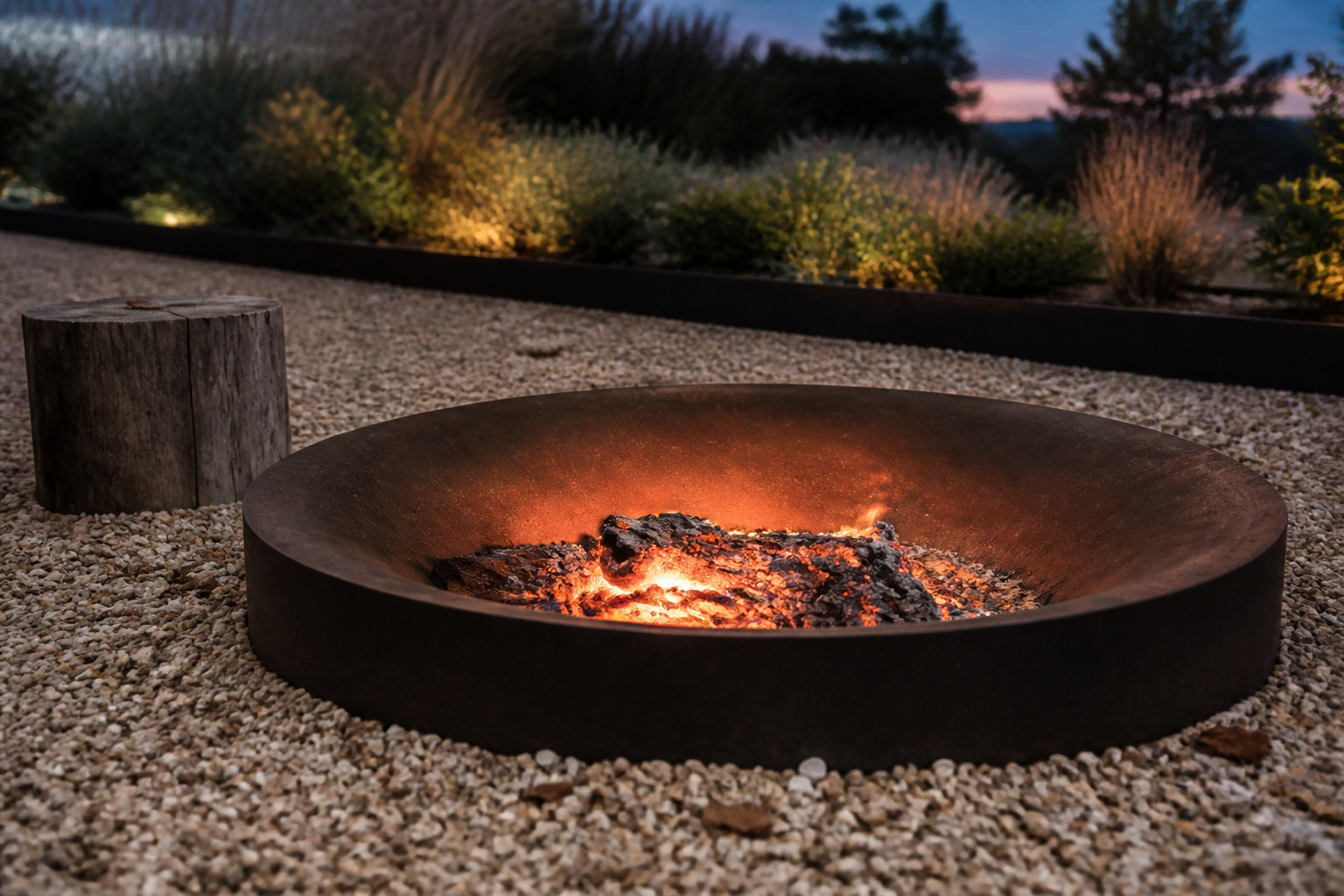 Circular steel fire pit glowing with low embers, set into a buff pea gravel patio corner at dusk with no seating occupied