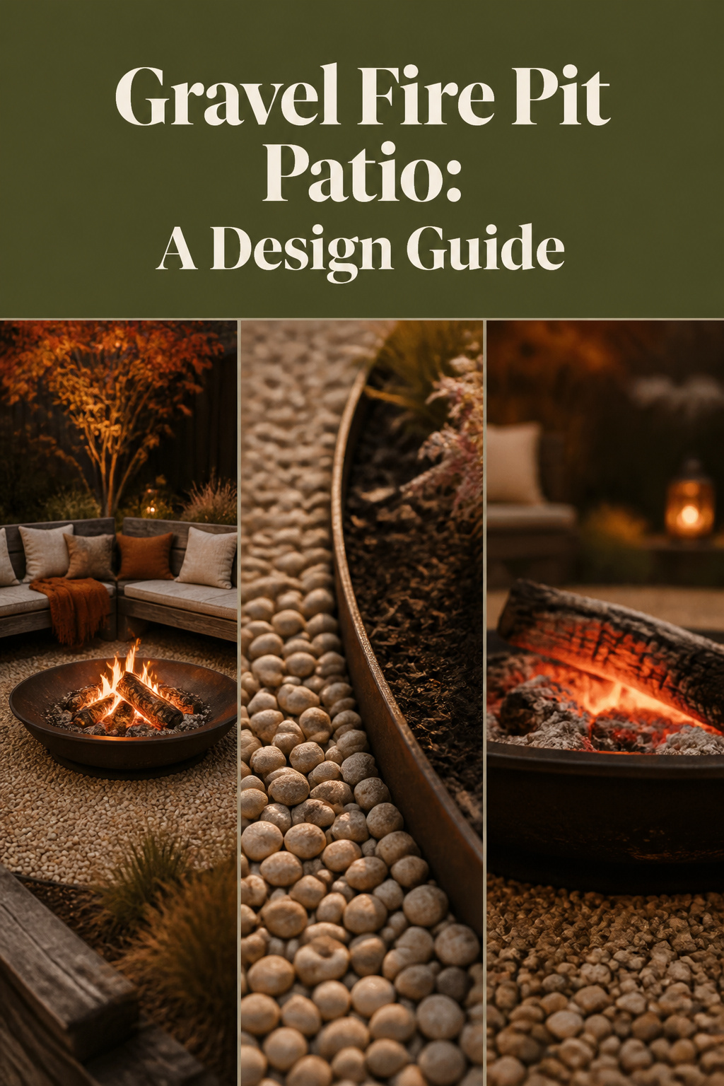 Pinterest collage of a gravel fire pit seating circle, a pea-gravel-and-steel-edging detail, and a glowing ember close-up, with an olive headline band
