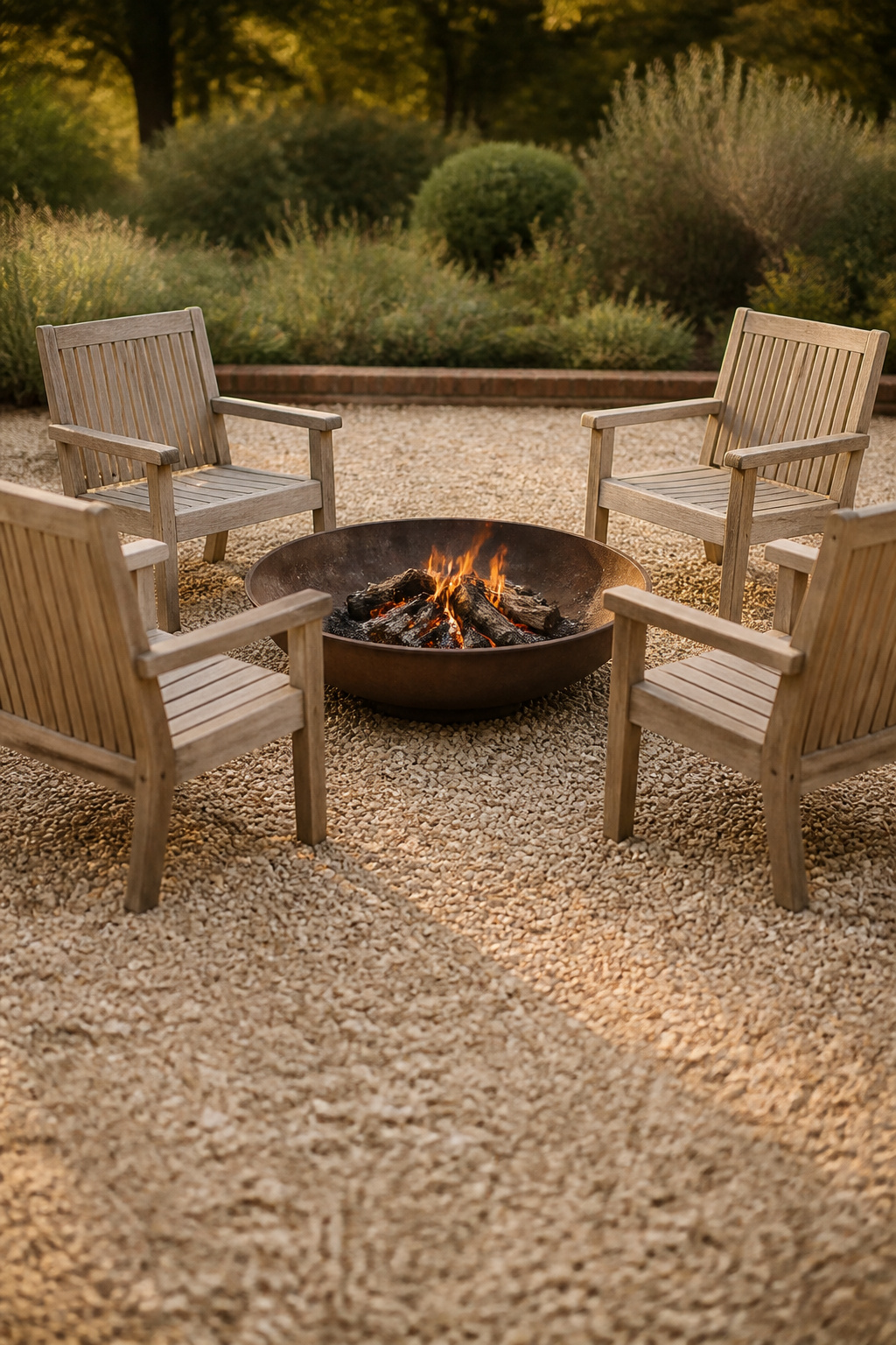 Four weathered teak chairs spaced evenly around a circular steel fire pit on buff pea gravel with a walking path left open