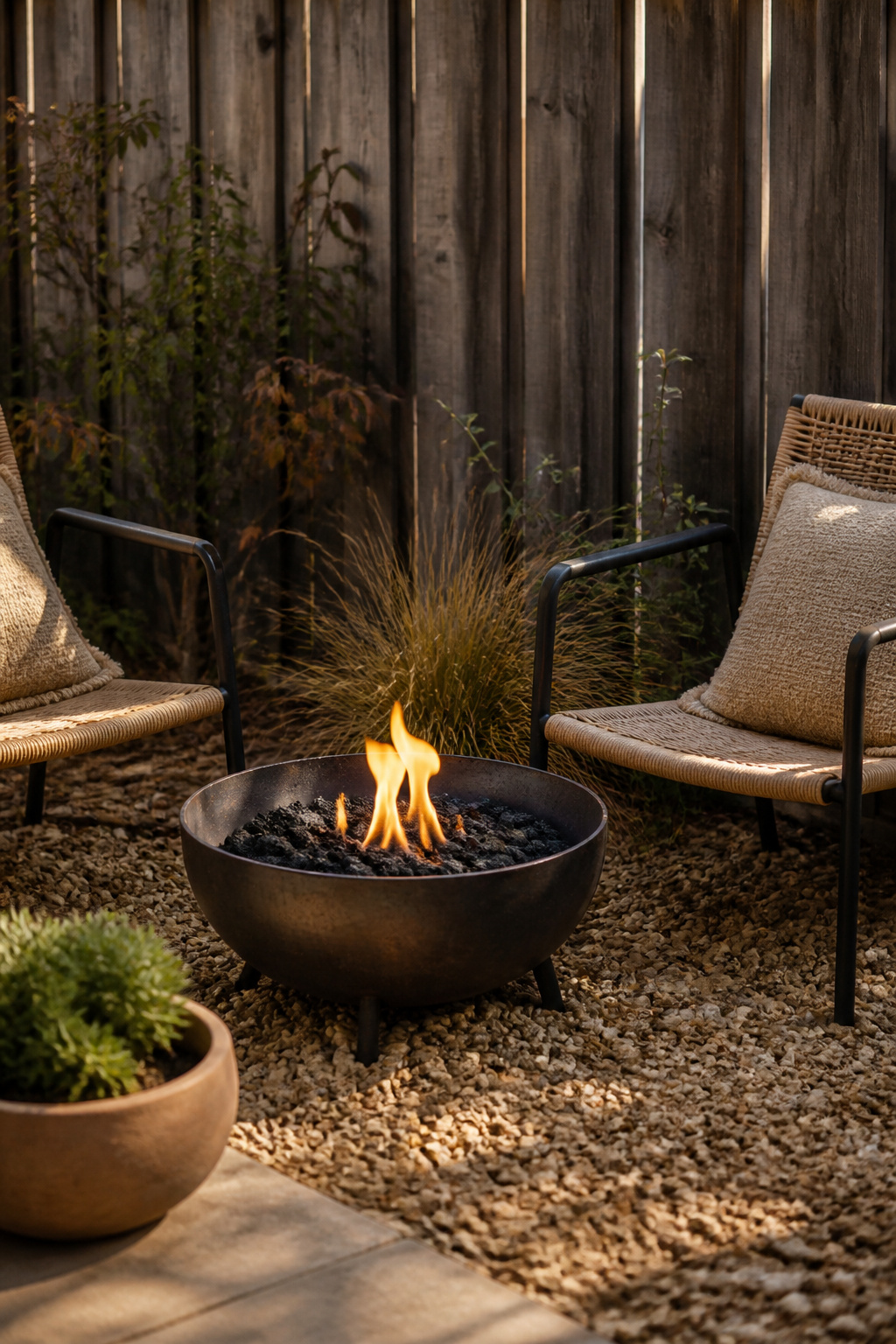 Small 36-inch steel fire bowl on pea gravel with two chairs close in, tucked against a weathered timber fence corner